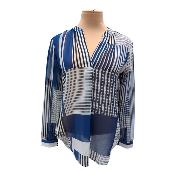 Loft Blouse Sheer Top Blue White Color lock Stripes Career Business Size SmallP - Picture 1 of 9